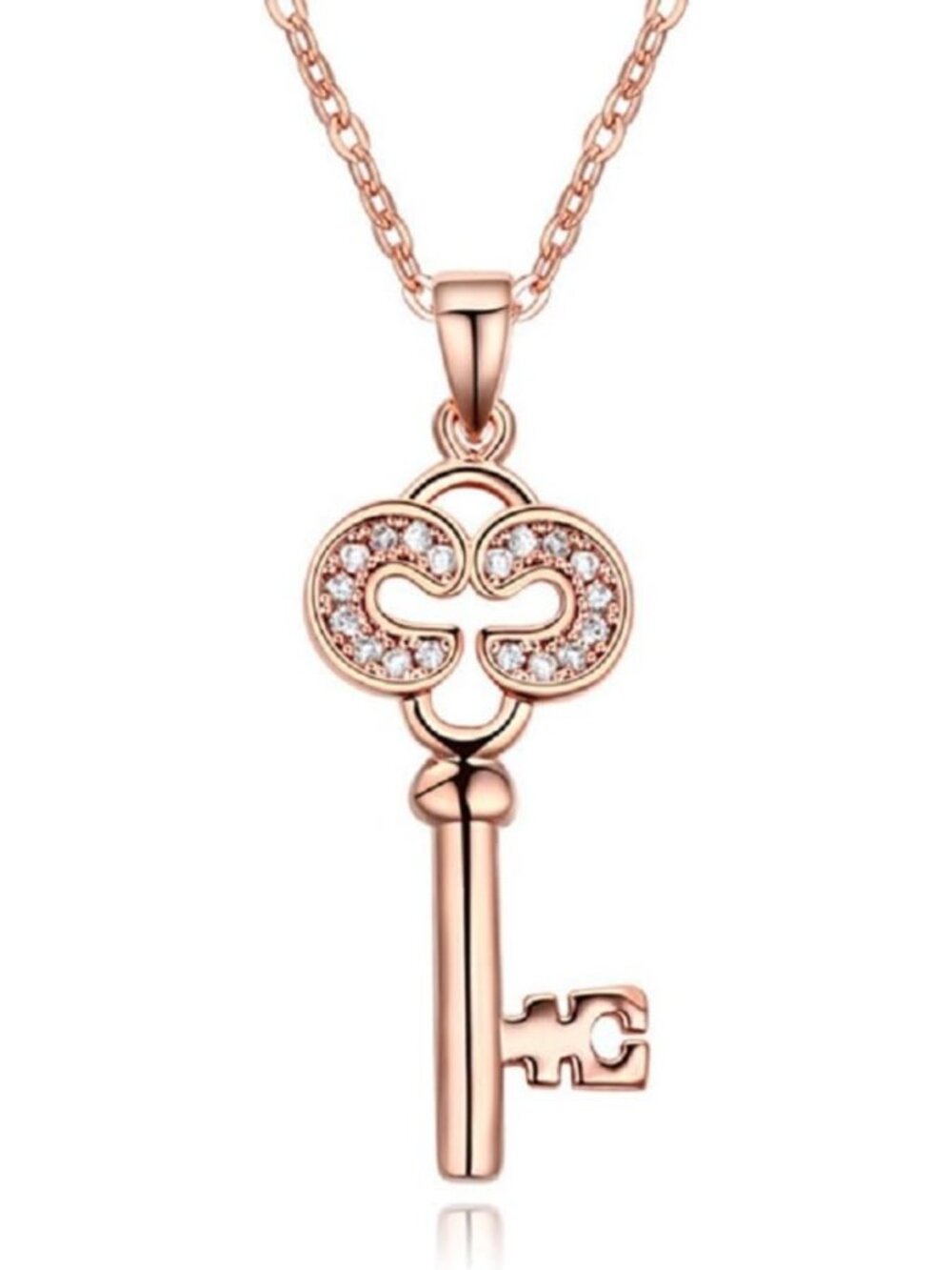 Elegant 18K Rose Gold Plated Key Pendant Necklace with White Zirconia Crystals